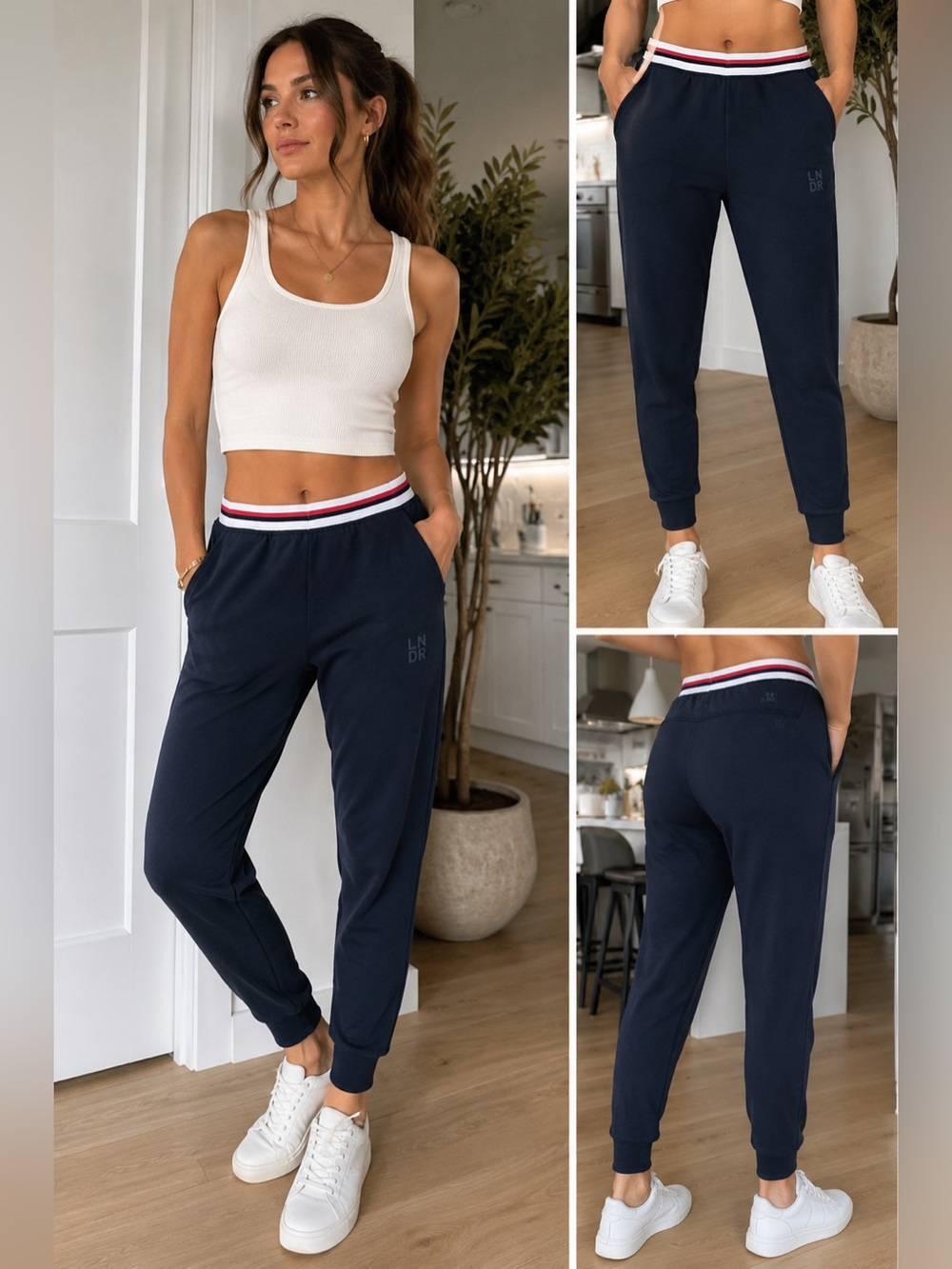 LNDR Women’s Small Navy Jogger Pants Striped Waistband Athleisure Loungewear